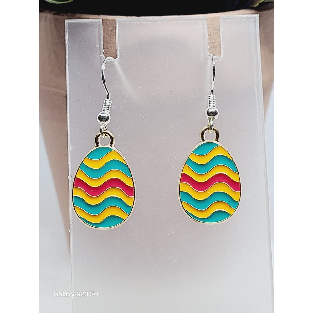 Easter Egg Dangle Earrings Multicolor Wavy Enamel Gold Tone Spring Holiday